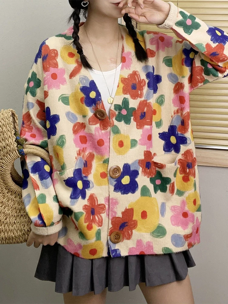 Zimowe damskie luksusowe swetry 2023. Moda damska Plus Size Printed Cardigans Ladies Loose Warm Leisure Floral V Neck Clothing