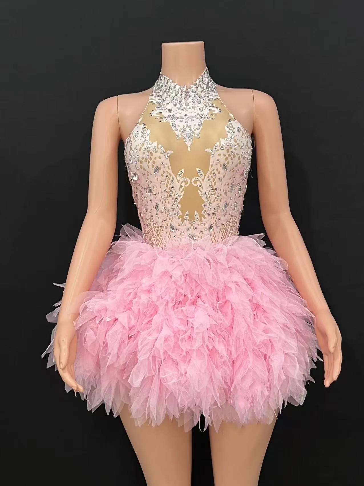 

Nightclub bar female singer pink multi-color print gauze dress gogo performance dress