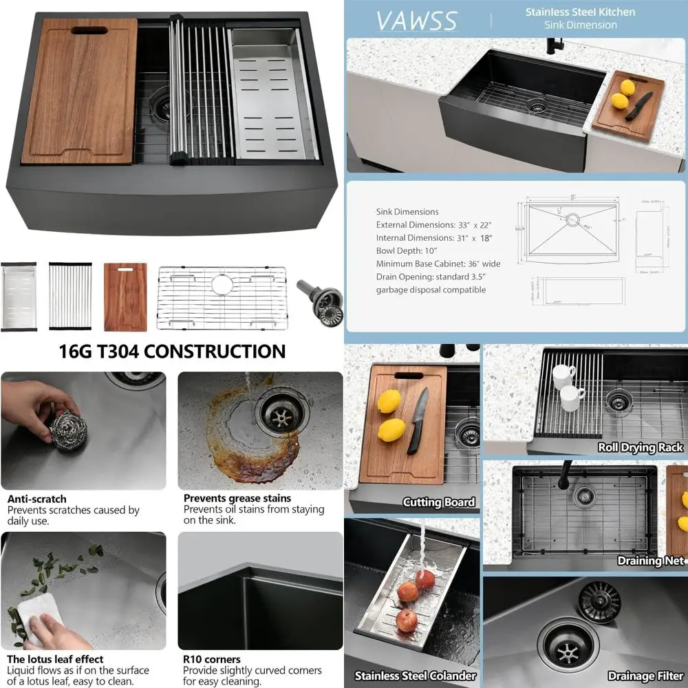 

30 Inch Black Apron Front Single Bowl Farmhouse Kitchen Sink - VAWSS 30 x 22 Inch Workstation Sink in Gunmetal Black