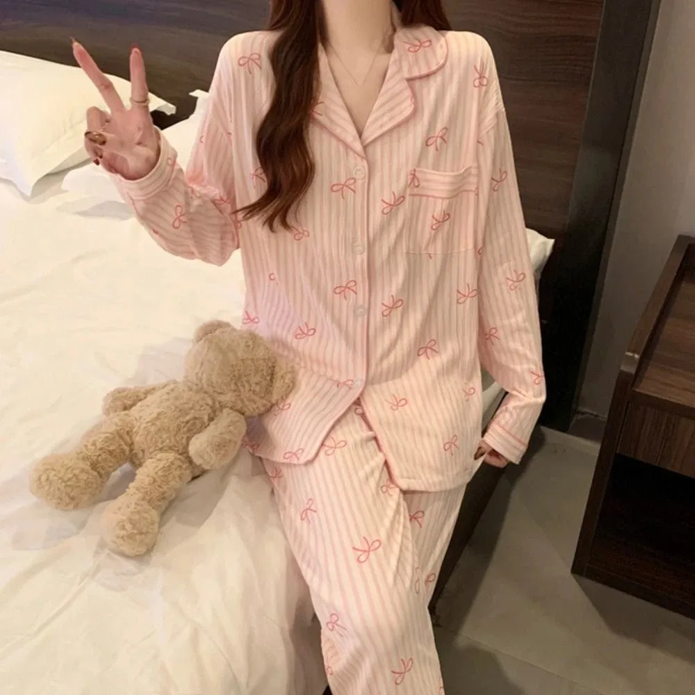 

Ins Stripe Bow Pajamas Set Casual Korean Style Sweet Pajamas Suit Loose Home Wear Two Piece Nightwears Home