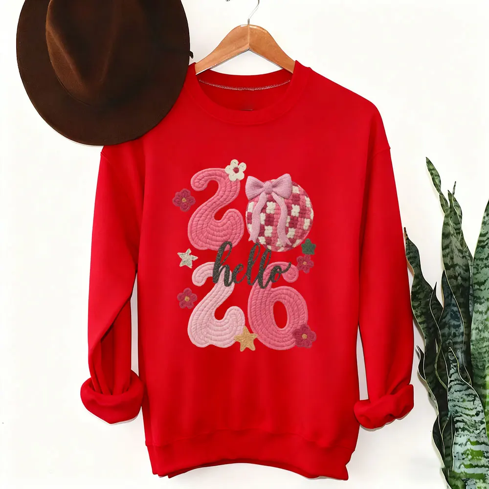 Appy Capodanno 2026 Felpe da donna maglione finto rosa all'uncinetto stampa grafica pullover da vacanza non ricamo felpe con cappuccio da donna