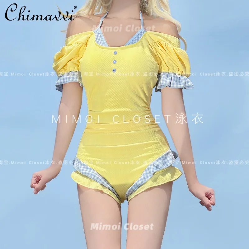 ربيع وصيف جديد النمط الياباني الحلو الليمون الأصفر نفخة الأكمام منقوشة قطعة واحدة الرغبة النقية لطيف فتاة سليم صالح Kawaii ملابس السباحة #1