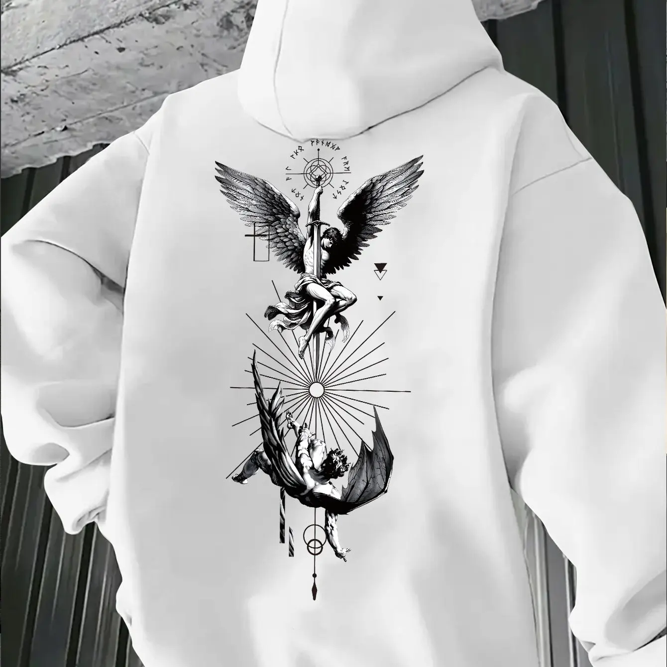 Herren St. Michael Erzengel Kapuzenpullover Gothic Engel Grafik Vintage Dark Art Rückendruck Übergroßer Streetwear Herbst Winter – Detail 2