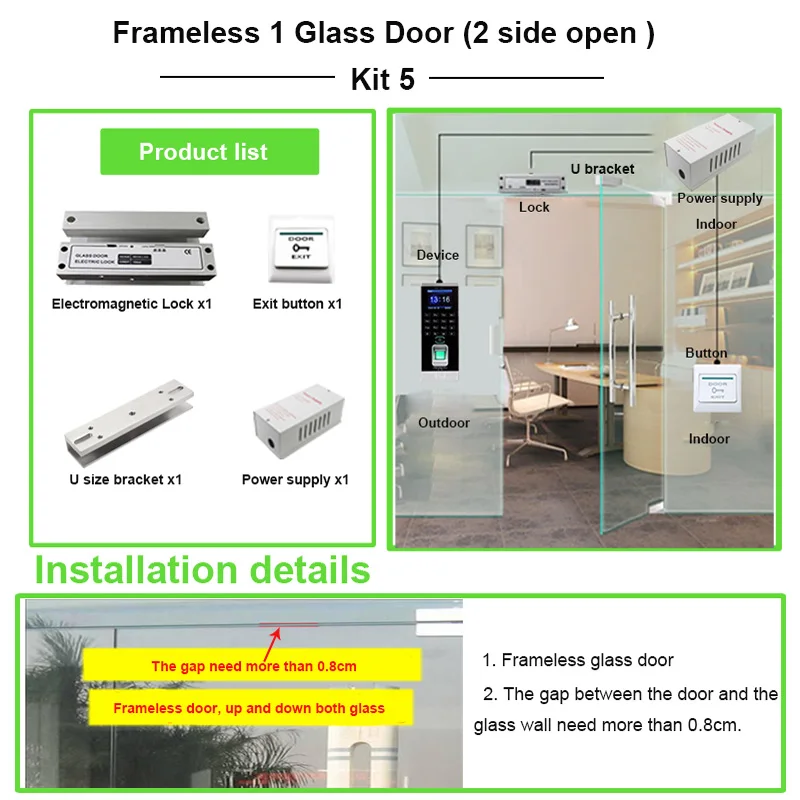 Time Delay Electric Drop Bolt Lock Access Control System Kit + Exit Button+12V5A Power Supply for Frameless Glass Door