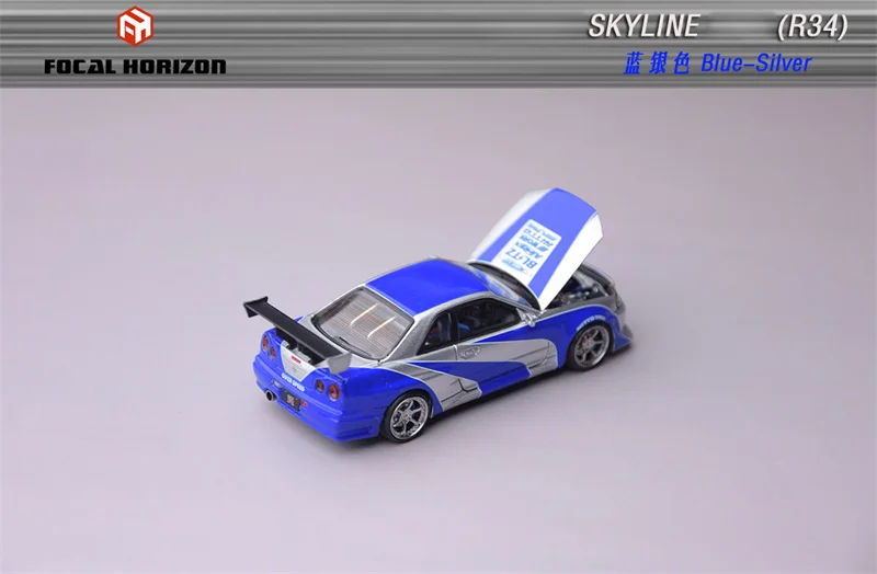 البؤري الأفق FH 1:64 Skyline R34 C-West NFS فضي أزرق Limited999 Diecast نموذج سيارة لهواة الجمع #4