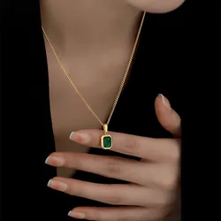 Fashion Square Green Zircon Pendant Necklace for Women Luxury Design Stainless Steel Necklace Girls Jewelry Collier
