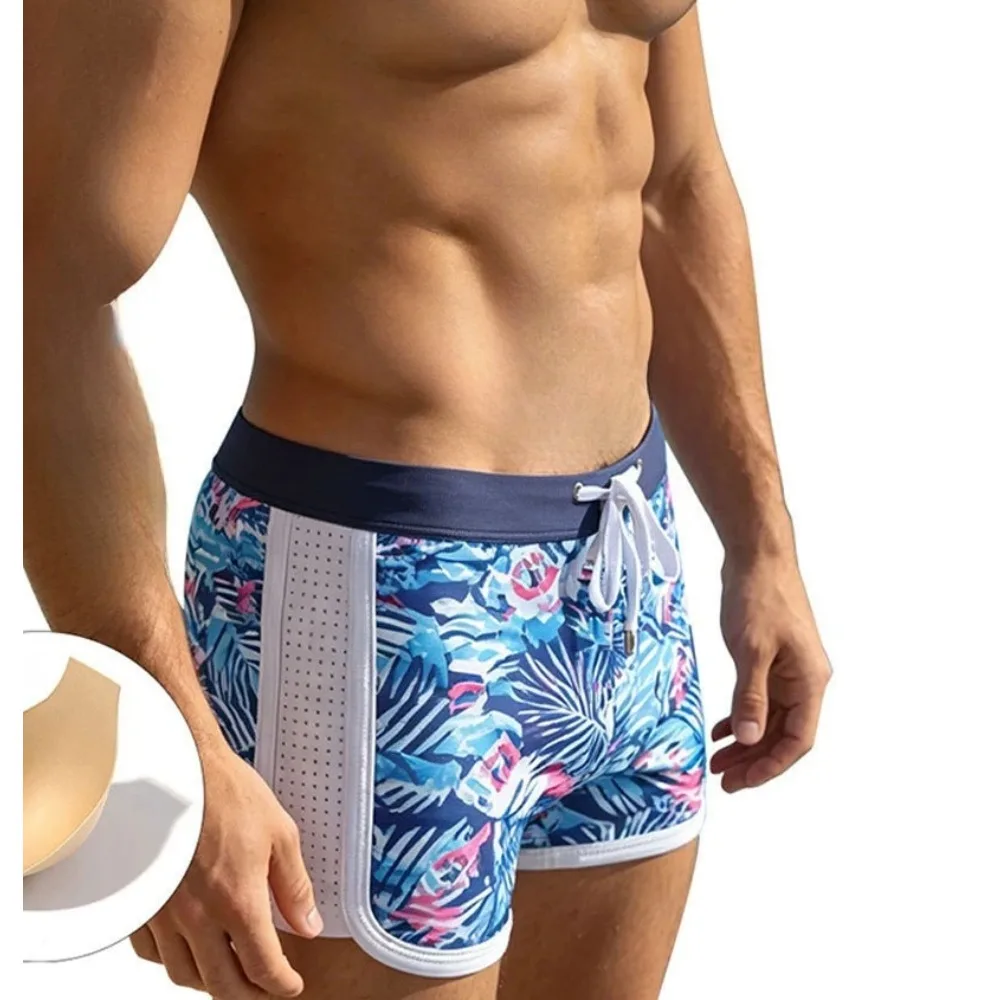 2026Cross-border men's hot plant silhouette printing boxer swimming trunks with cup boxers breathable beach sports  UXH210-1