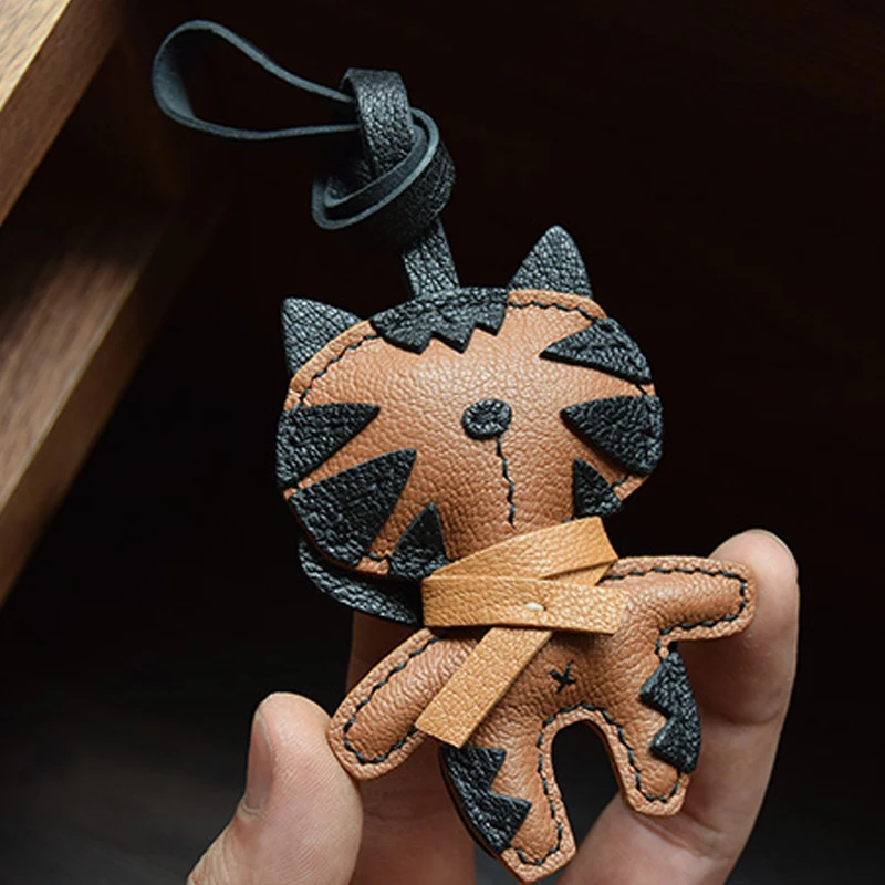 Handmade Leather Rogdoll Cat Keychain Bag Charm Cute Kitten KeyRing image 3