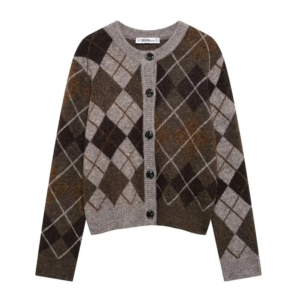 

European And American Fashion round Neck Diamond Knitted Cardigan Long Sleeve Women's Open Front Coat Spring New A35803