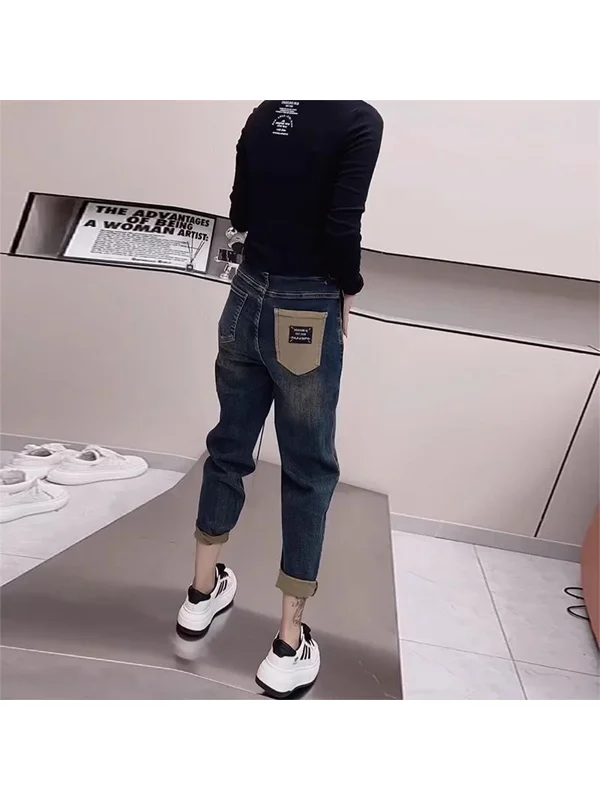 

High Waist Elastic Harem Jeans Women's Design Sensation Small Crowd Slimming Versatile Dad Pants plus Size Big Code Denim Rol...