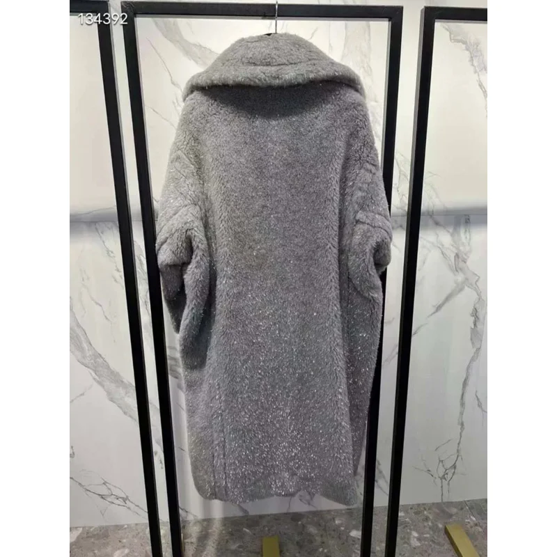 2024 New Arrival Turn-Down Collar Women Coat Winter Long Length Gold Stripe Decoration Thick Warm Teddy Bear Clothes Female