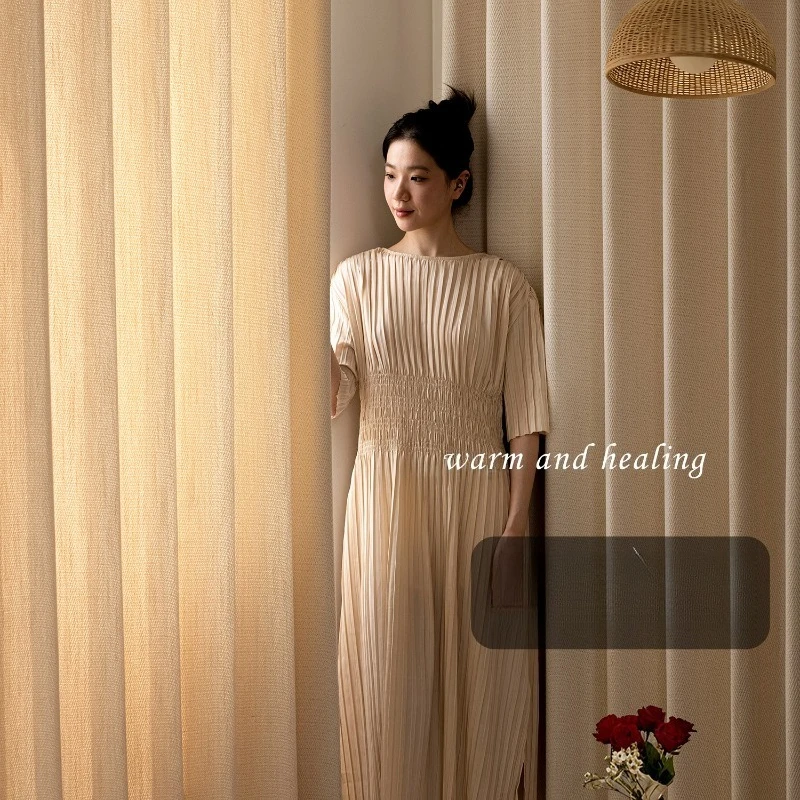 Herringbone Pattern Window Screen Jacquard Sunscreen Cream Style Thickened Cotton Linen Curtains for Living Dining Room Bedroom