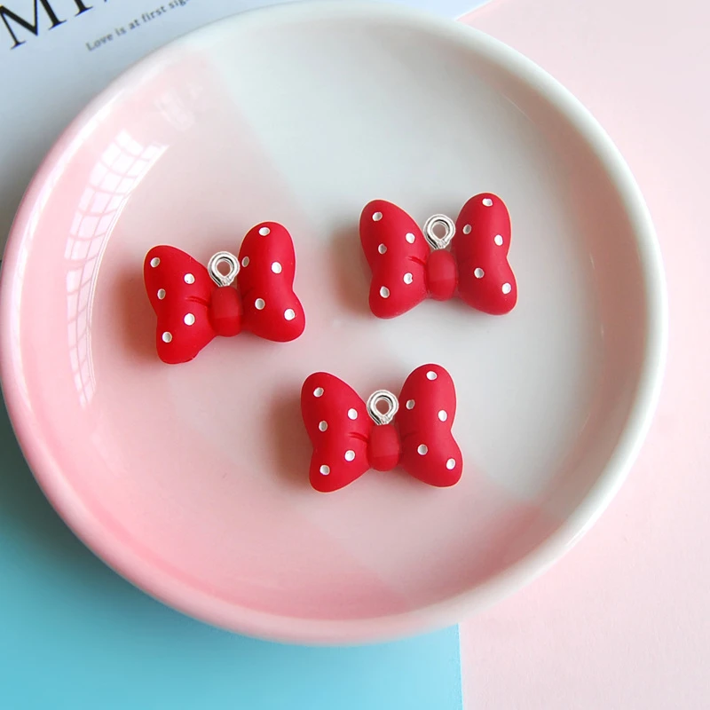 10Pcs Catoon Strawberry Bow Tie Resin Charms Girl Kawaii Earrings Necklace Pendants Fashion Jewelry Decorate Supplies DIY Making