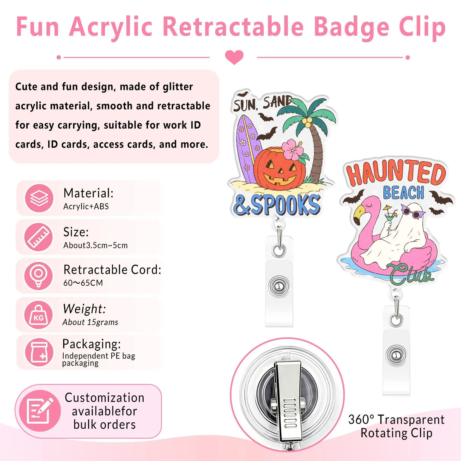 New Arrival 1 Piece Glitter Acrylic Funny Ghost Pumpkin Retractable Nurse Badge Reel Halloween Teacher Doctor ID Card Holder