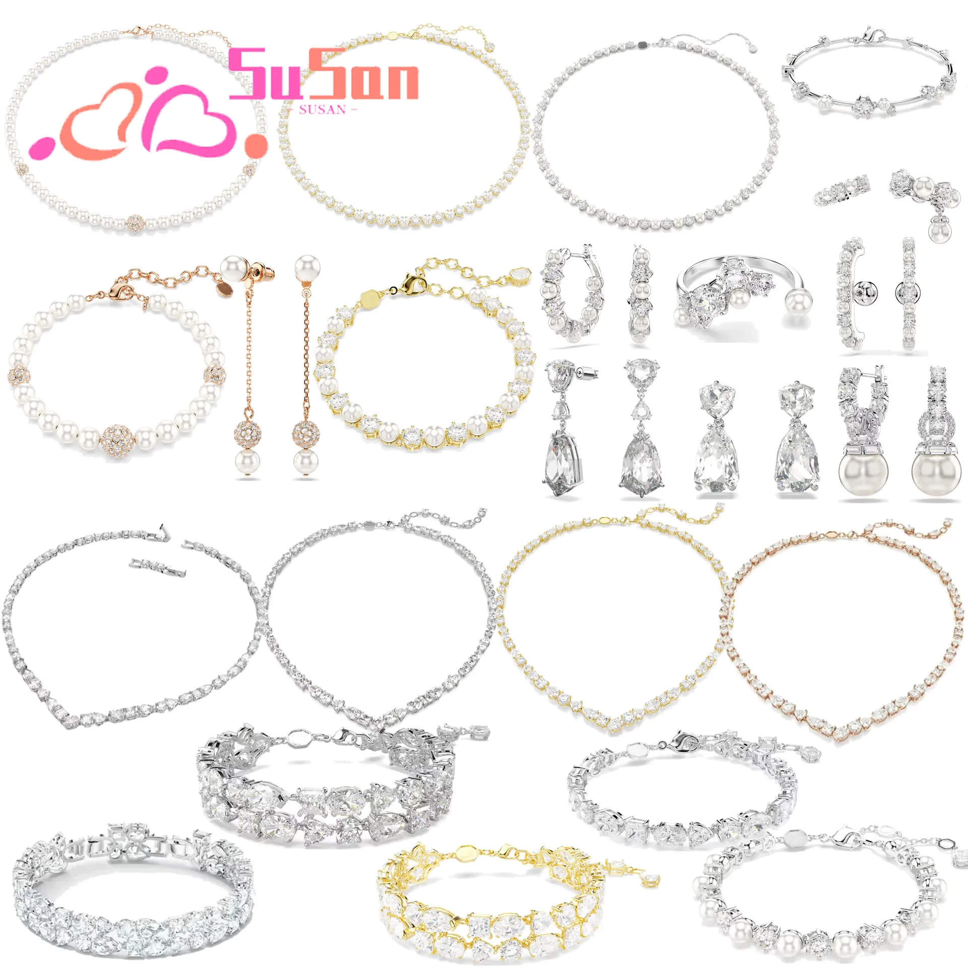 Nouvelle tendance des ventes : Parure de bijoux de mariage en perles et cristal blanc de haute qualité (collier, bracelet, boucles d'oreilles)