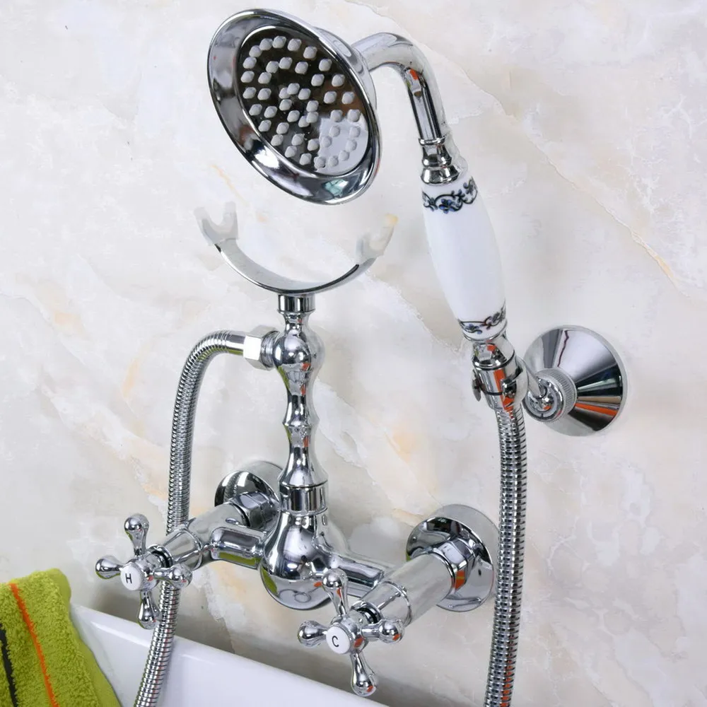 

Polished Chrome Wall Mounted Bathroom Bath Faucet Mixer Tap With Hand Shower Head Shower Faucet Set