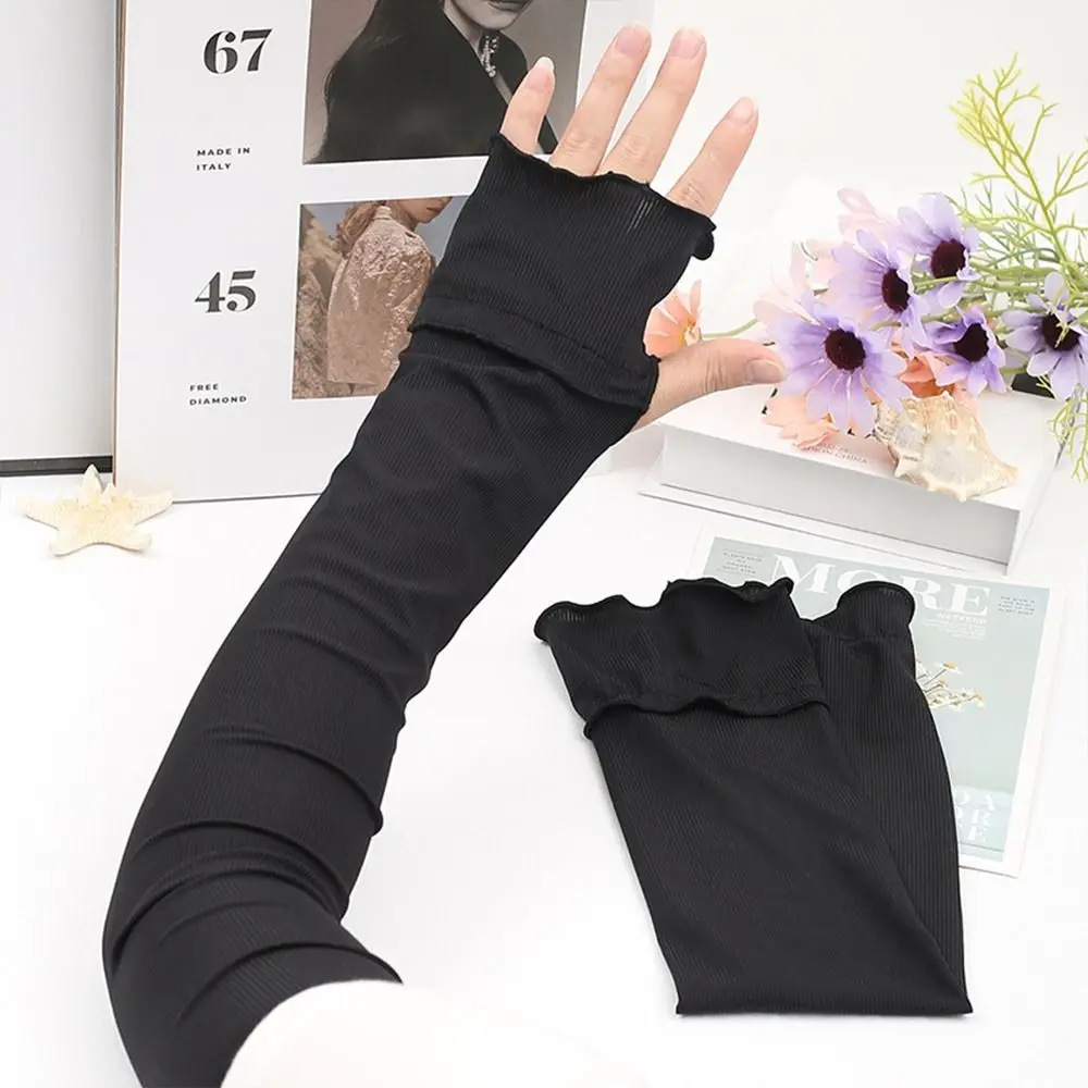 Comfortable Breathable Cooling Arm Sleeves UV Protection Quick Dry Sunscreen Sleeves Ice Silk Lightweight Ruffled Edge Sleeves