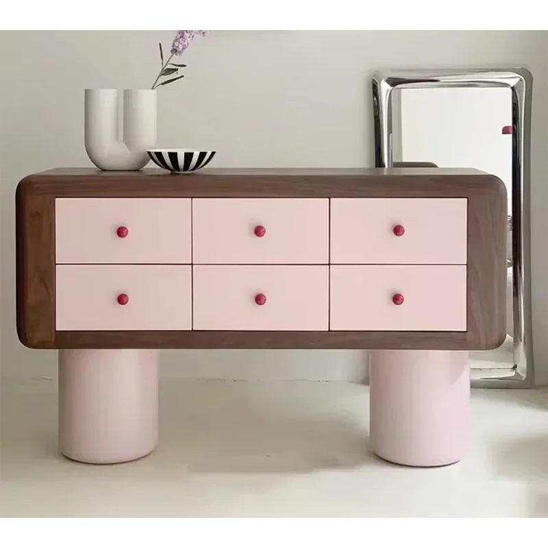 Lindo gabinete de consola de madera, artículos de entrada para el hogar Gabinete de apartamento rosa de seis cajones