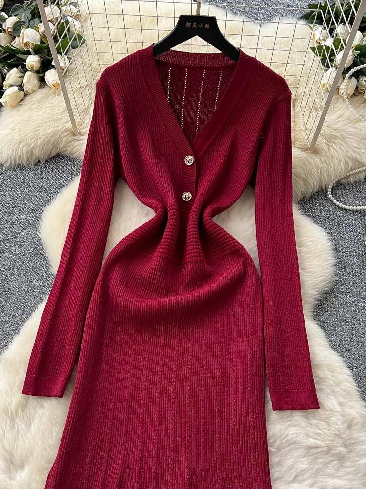 Feminino com decote em v babados vestido de malha vermelha outono manga longa camisola cabida sereia maxi vestido chique quente camadas puxa femmes