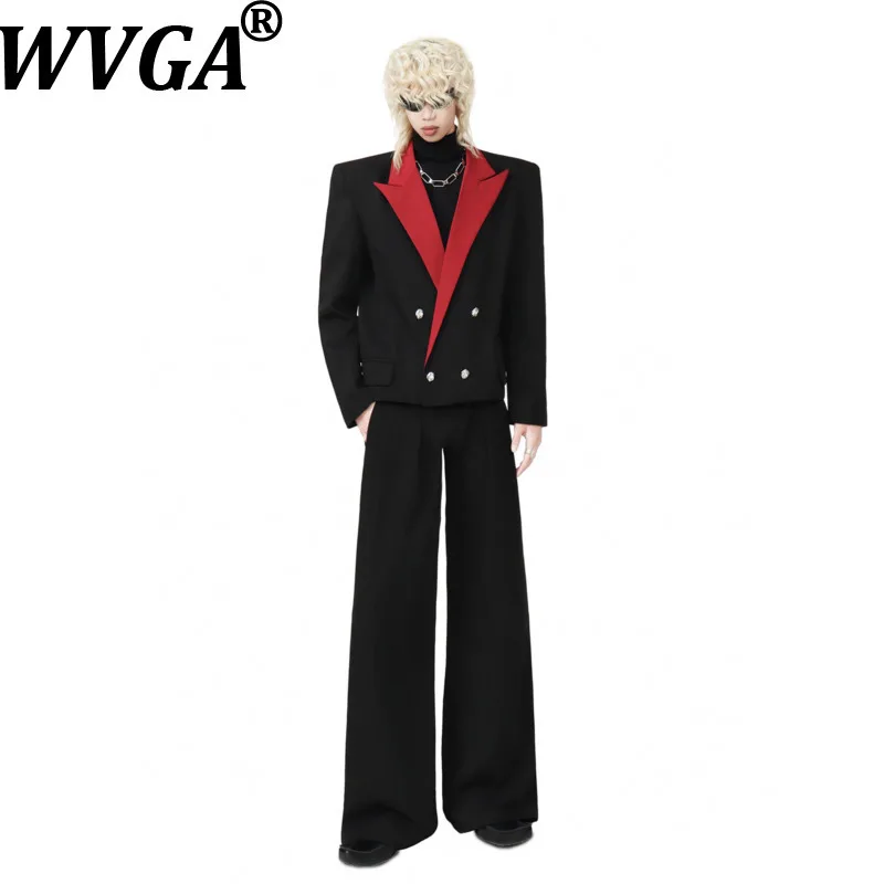 WVGA Spring Autumn New Men High-end Color-blocked Double-breasted Blazer Niche Chic Casual Straight Pants Two Pieces Sets W28903