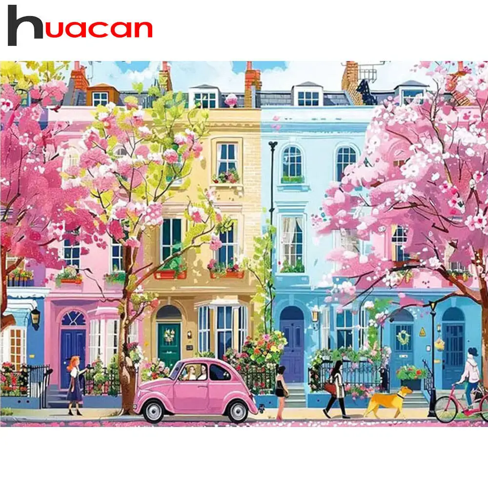 Huacan 5D-Haus-Diamantgemälde, Straßenlandschaft, Diamantmosaik, Stadt, komplettes Set, dekorative Gemälde