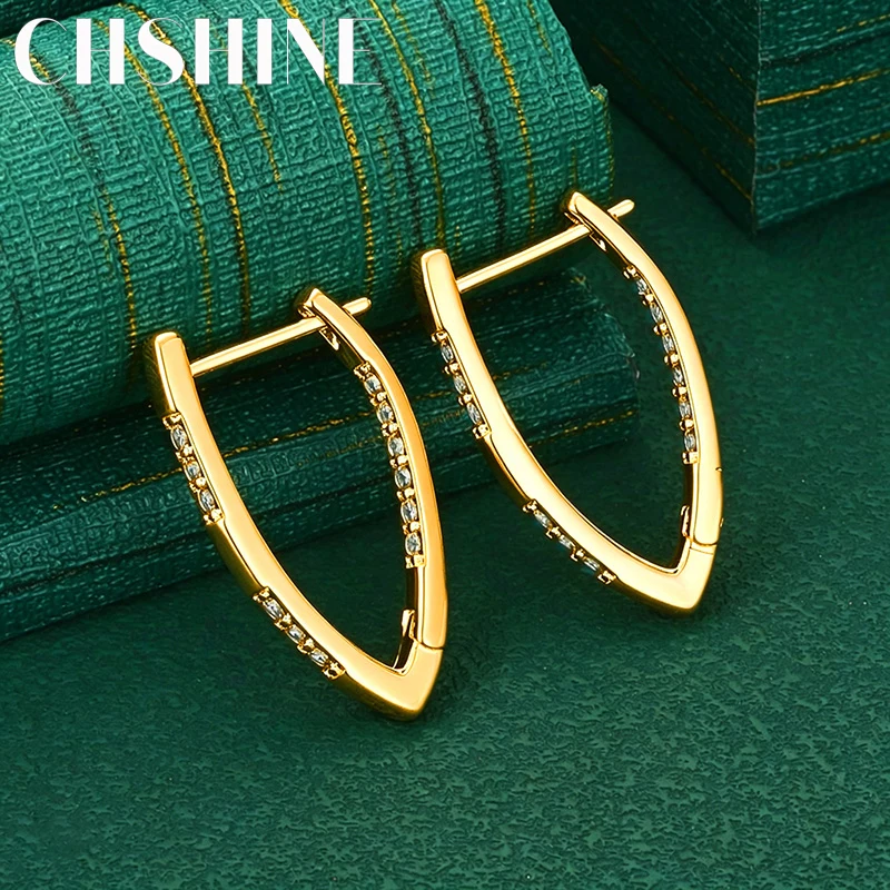 925 Sterling Silver 18K Gold V Shape Pave Zircon Hoop Earrings for Women Fashion Charm Wedding Party Jewelry
