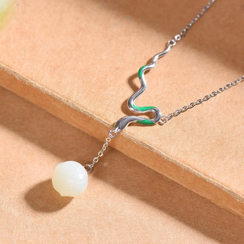 S925 Silver Inlaid With Hetian Jade Flower Bud Auspicious Snake Self-Generated Chain Pendant Vintage Jade Jewelry Accessory