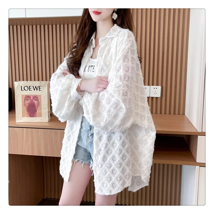 

Lace Spliced Shirts Women Loose Cardigan Solid T Shirt Long Sleeve Casual Blouses Turn Down Neck Open Stitch Lady Summer