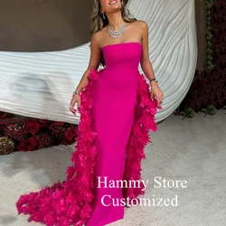 Fuchsia Evening Dress with Flower Train Customized Straplss Sleeveless Saud Arabian Prom Gown Special Occasion Dresses