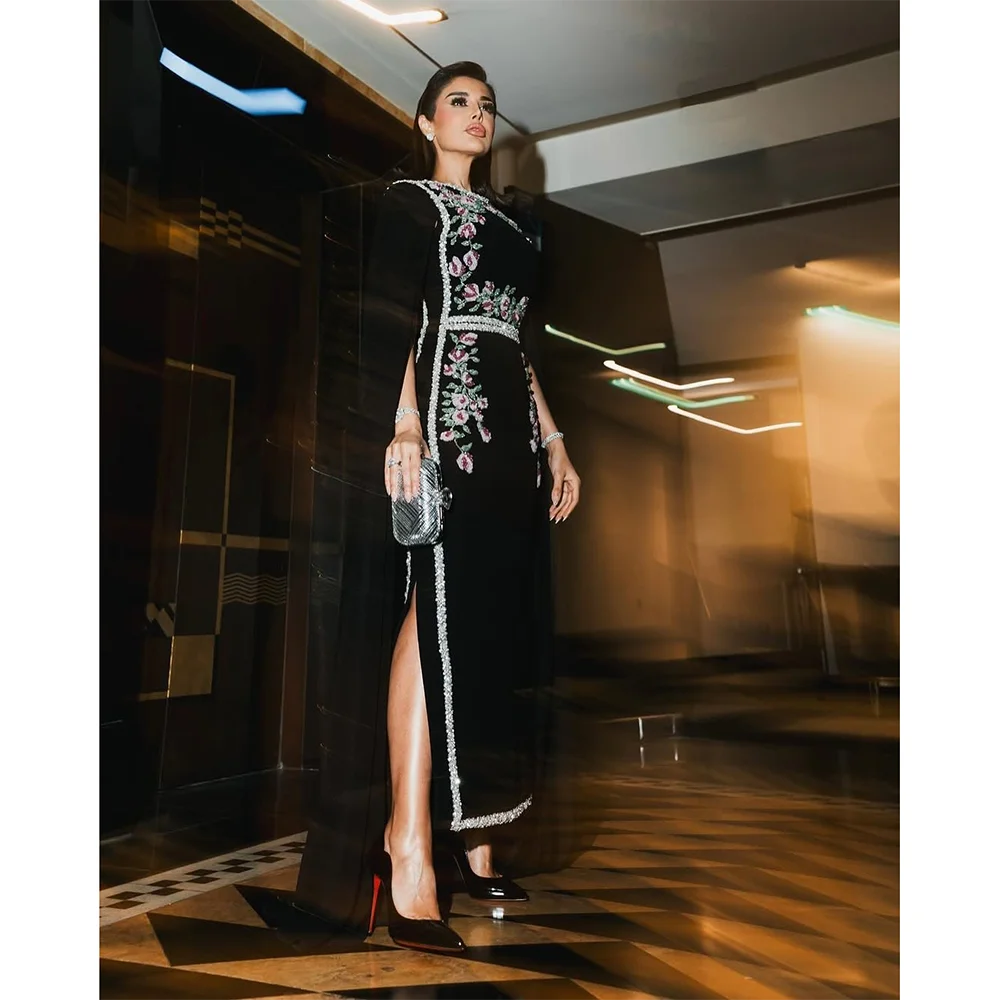 Elegante abito da sera nero per donna maniche lunghe applicazioni abiti da ballo lunghezza pavimento abiti da festa per occasioni formali personalizzati