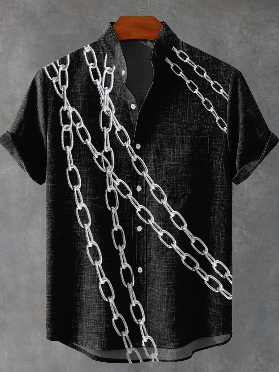 

2025 summer silver chain decoration 3D printing retro pattern casual fashion 100% linen men's and women's short sleeved shirt