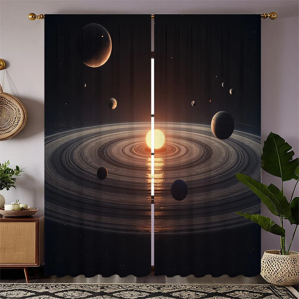 2pcs Space-Themed Curtains - Celestial Design with Sun, Planets & Rings, Semi-Transparent Polyester Fabric, Rod Pocket for Easy