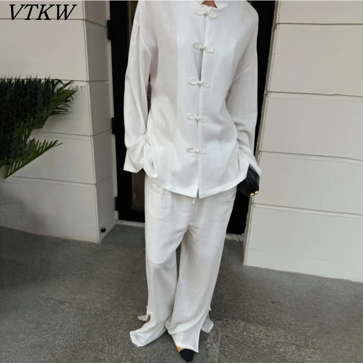 

VTKW 2026 New Women Fashion White Chinese Style Blouse Mandarin Collar Frog Button Long Sleeve Loose Fit Elegant Casual Top