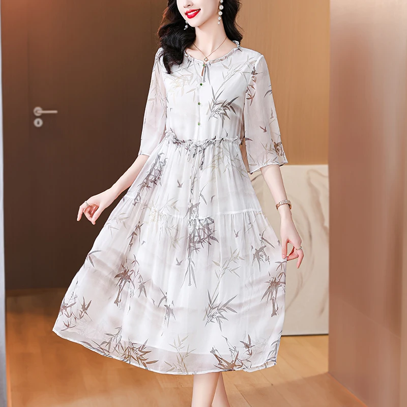 2024 Summer New Silk Short sleeved Ink Painting Printed Dress for Women's Chinese Style V-neck Loose Size Knee Length Dress