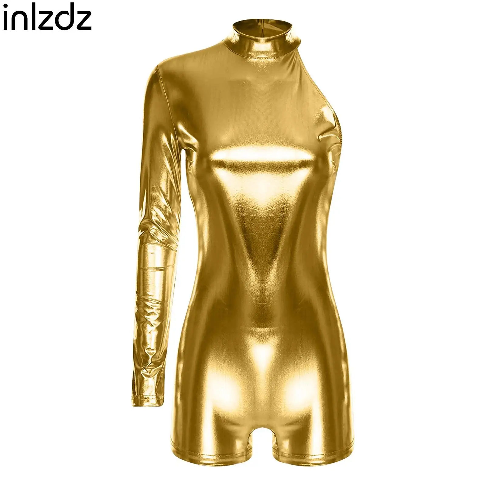 

Womens Yoga Gymnastics Dance Leotard Jumpsuit One Sleeve Club Rave Party Swimwear Activewear Adults Metallic Shiny Bodysuit