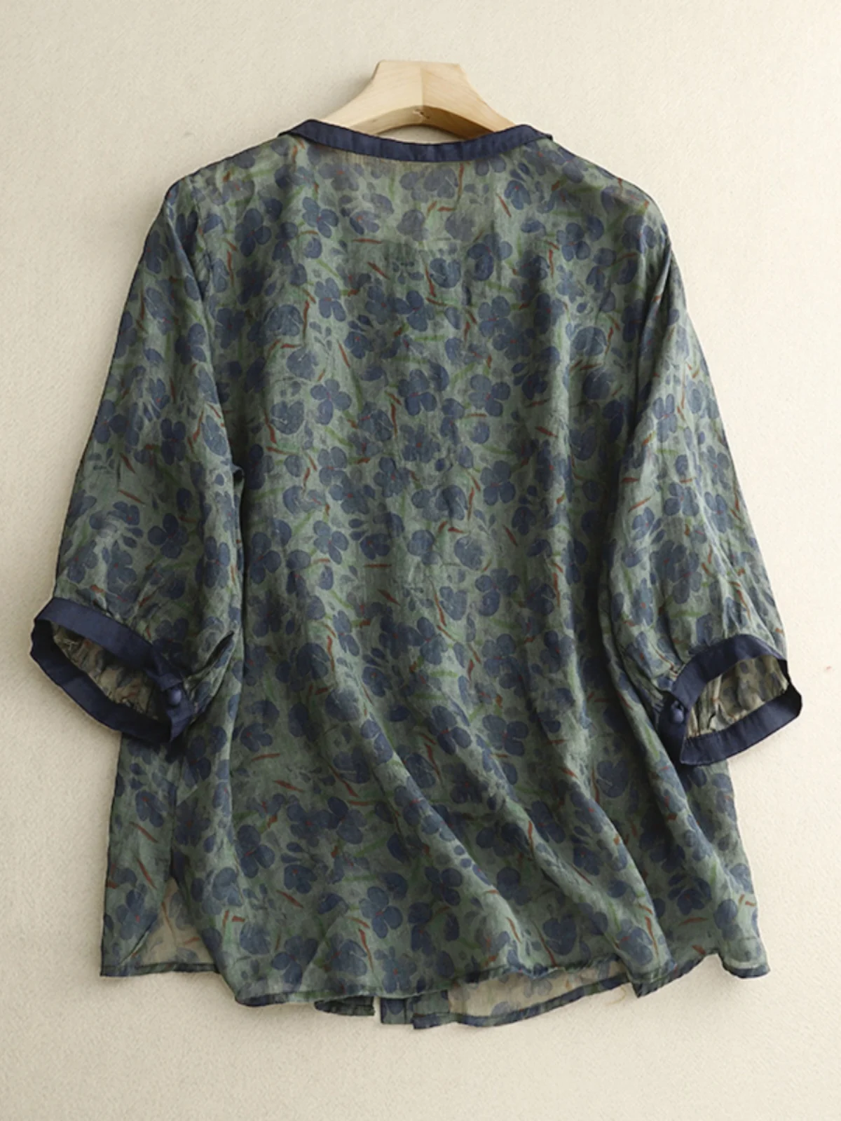 

Retro Cotton Linen Floral Print 3/4 Sve irt for Women Breathable round Ne Slimming Summer Top Large Size Casual Wear