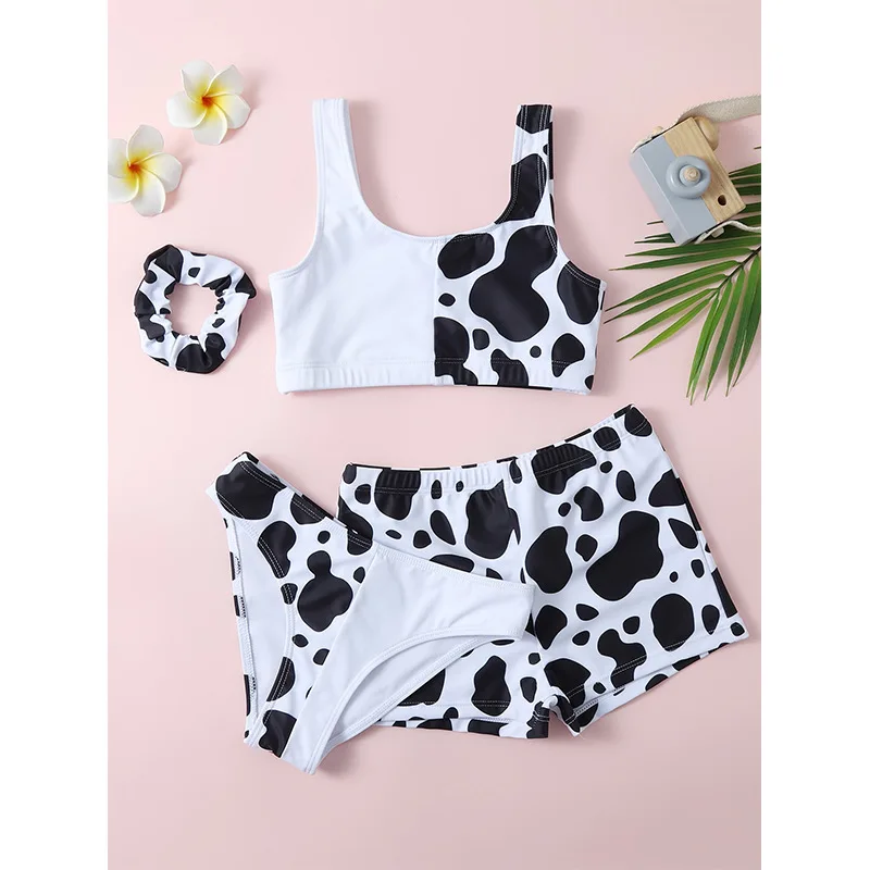 Girls 3pack Cow Print Bikini with Cover Shorts Swimsuit Kids 7-12 Years Children's Swimwear Colorblock Bathing Suits Teens