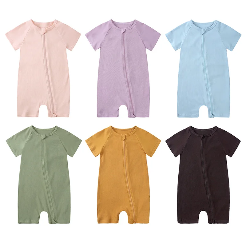 Summer Toddler Baby Rompers Soft Thin Boys Girls Shorts Sleeve Solid Color Jumpsuit Infant Zipper Jumper Baby Clothing 0-4 Years