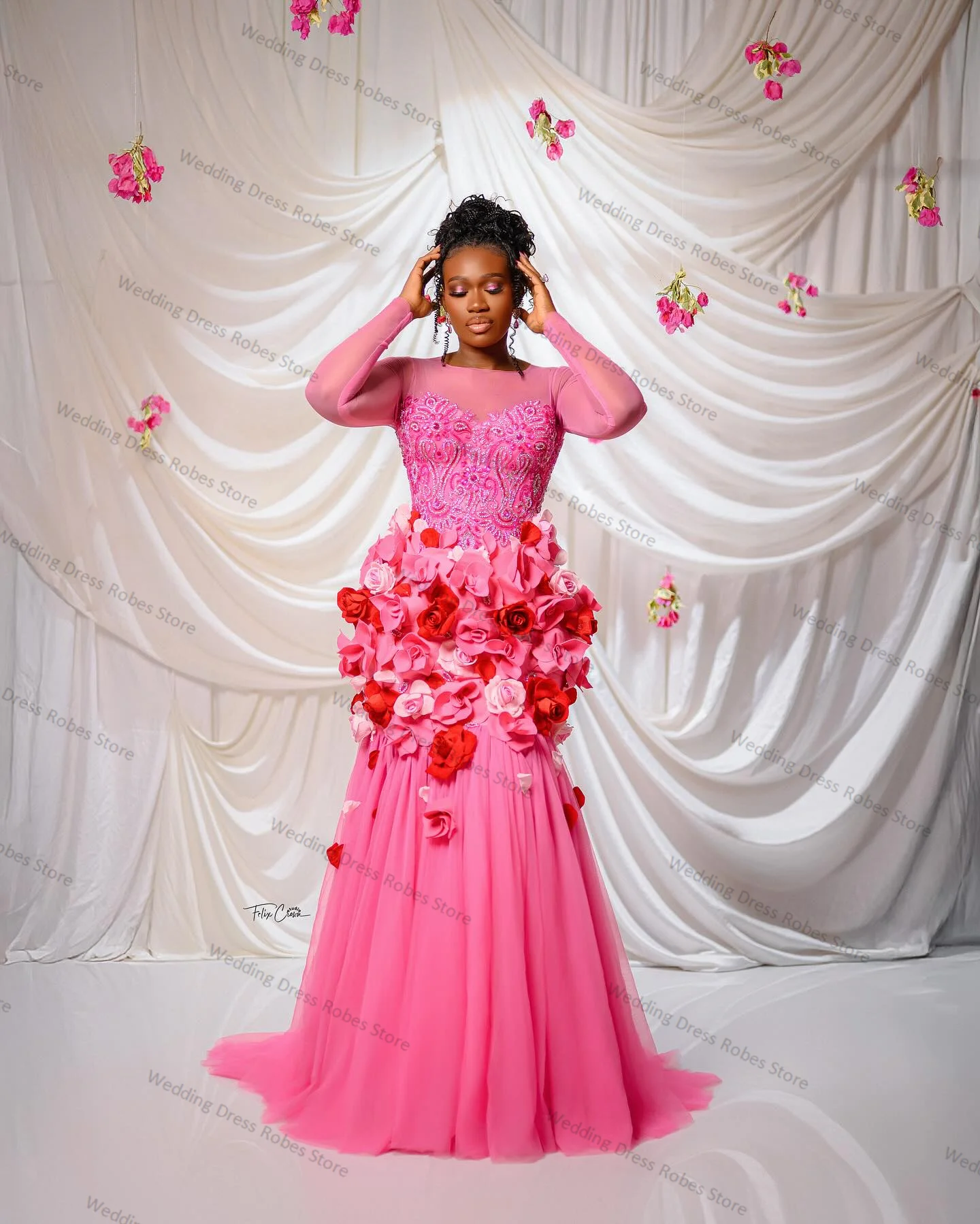 

Pink Mermaid Prom Dress Sexy Sheer Neck Full Sleeves 3D Flower Crystals Bridal Robe Sheath Evening Gowns Customized For Photo