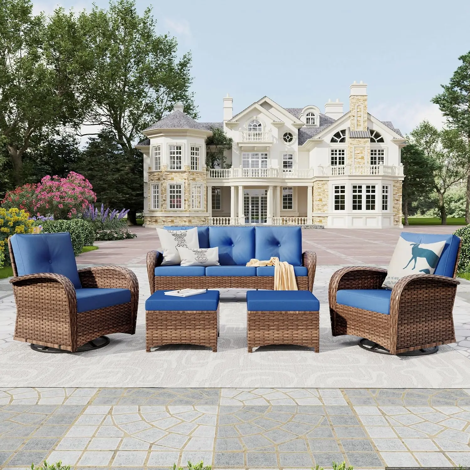

PHI VILLA Wicker Patio Furniture Set for 7, PE Rattan Outdoor Conversation Set with 2 High Back Swivel Rocker Chairs 3-Seat Sofa
