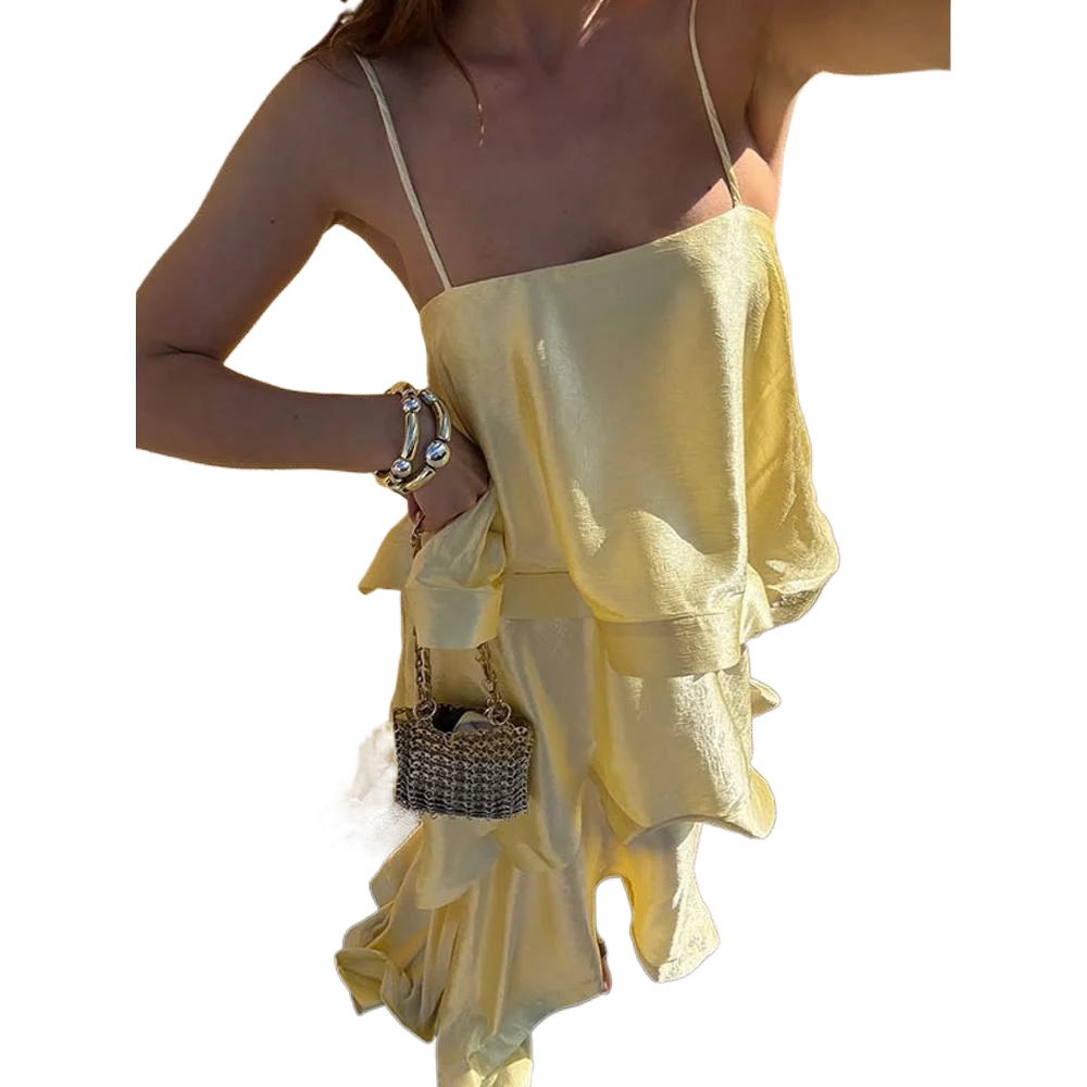 Lange elegante zomerjurk met schouderbandjes, gelaagd satijn, feestjurk, nieuw damesmodel, mouwloos, met uitsparingen, strandmaxi-jurk 2026 - afbeelding 2