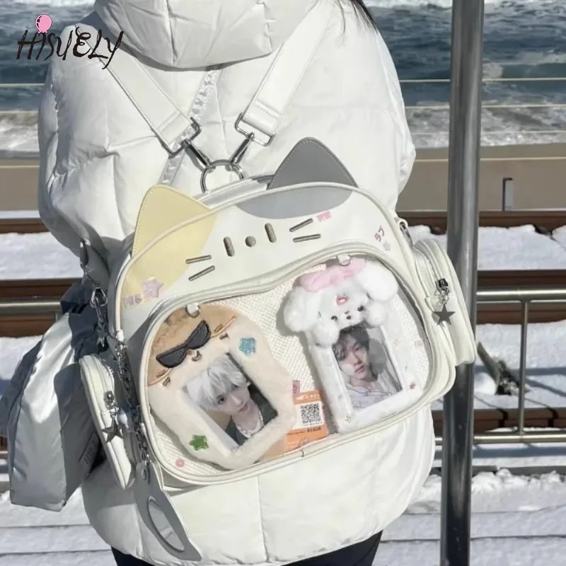 

New Y2K Korean Cat Ita Bag Cute PU Shoulder Bag Girls Transparent Pocket Harajuku College Style Crossbody Bag Women's Backpack