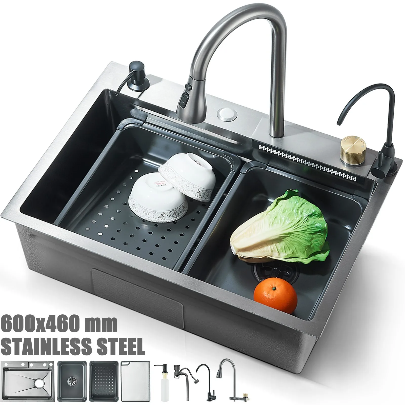 

24-дюймовая кухонная мойка Flying Rain из нержавеющей стали с водопадным изливом и смесителем, одинарная чаша