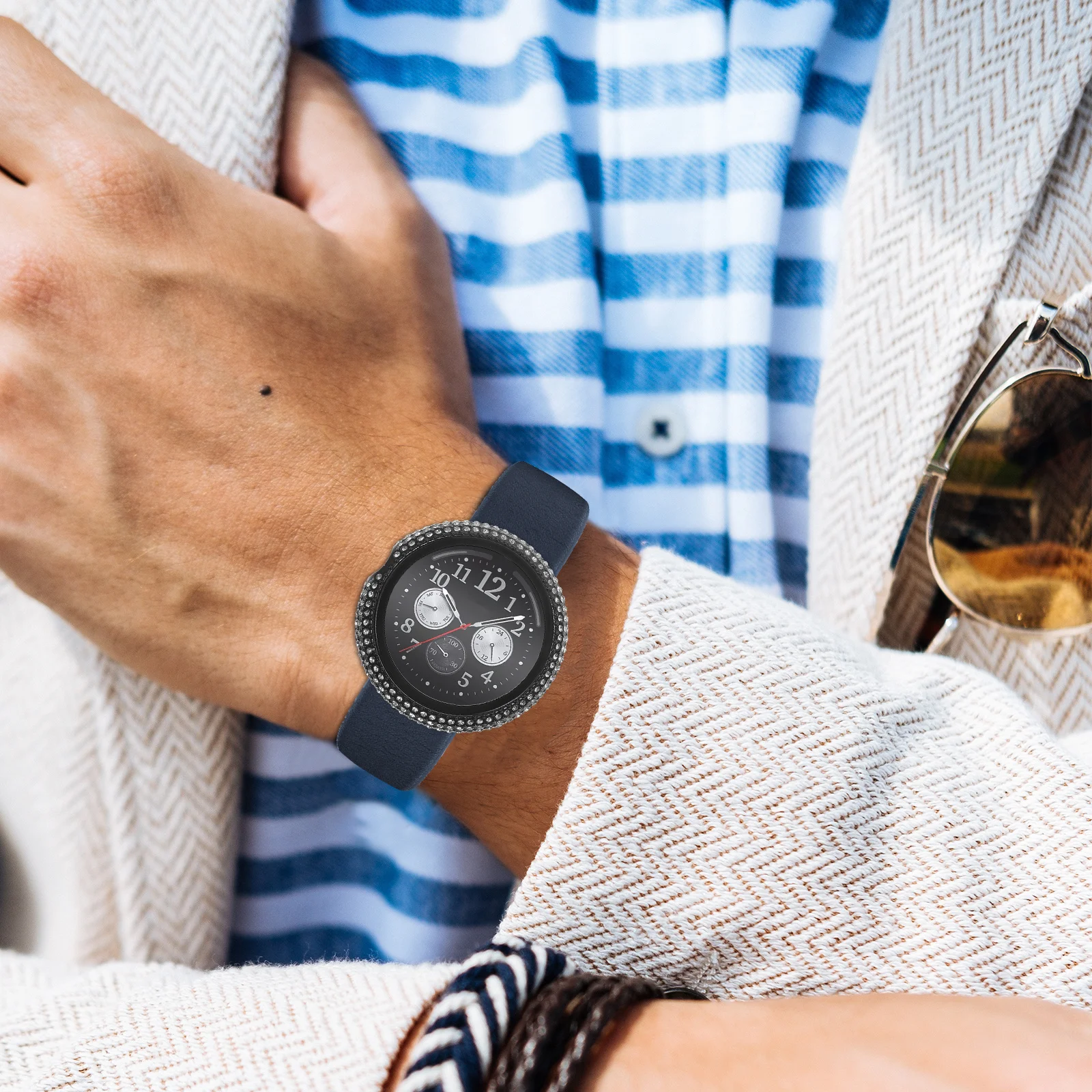 

Diamond Decor Scratch Proof Watch Protective Case Tempered Glass Screen Protector Compatible for Google Watch Stylish