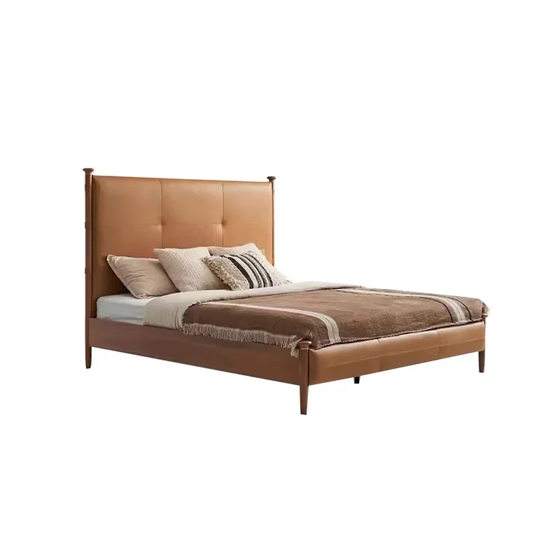 Sycamore leather bed French retro master bedroom first layer cowhide double bed