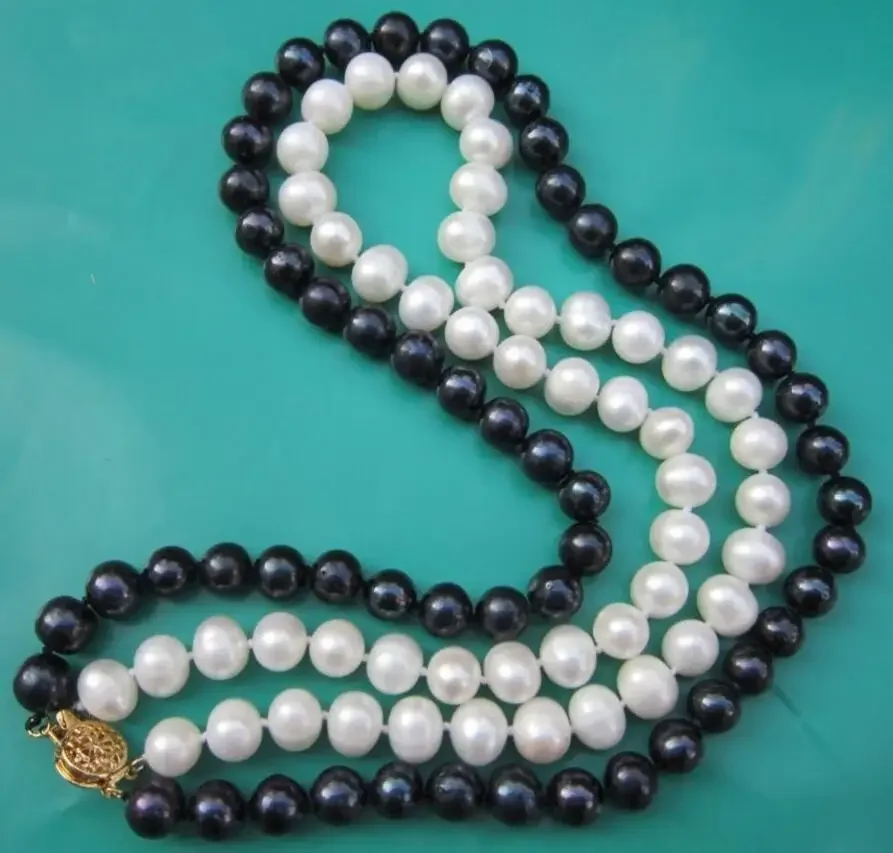 Fashion jewelry New 2 Rows 7-8mm BLACK WHITE Freshwater PEARL NECKLACE 17-18"AA