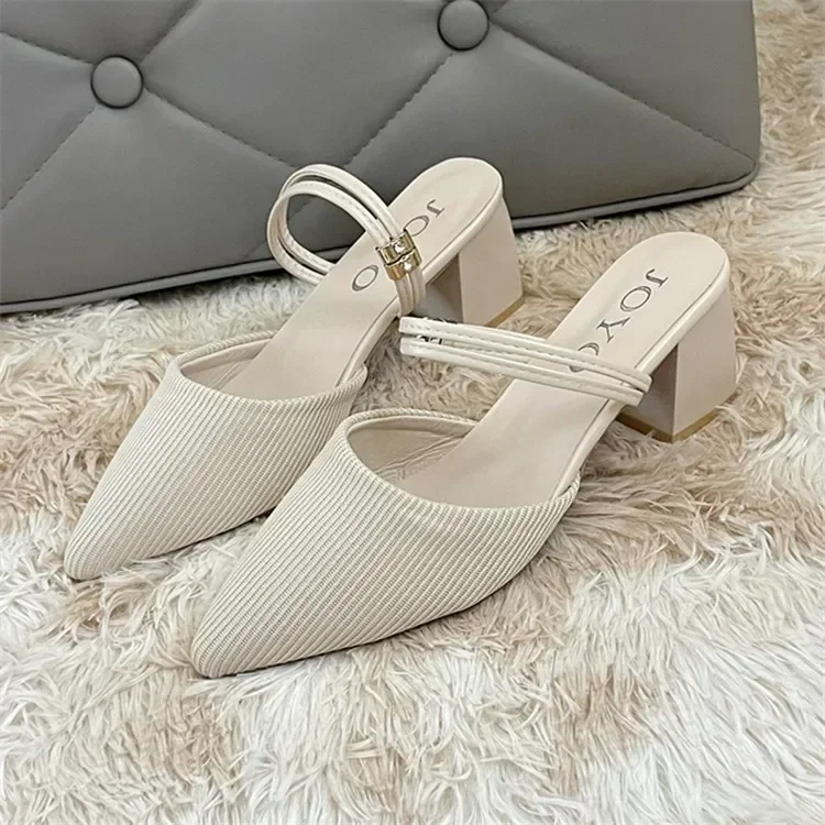 2024 New Fashion Solid Color Versatile and Comfortable Baotou Square Heel Outerwear Women\'s Slippers Best Selling Summer