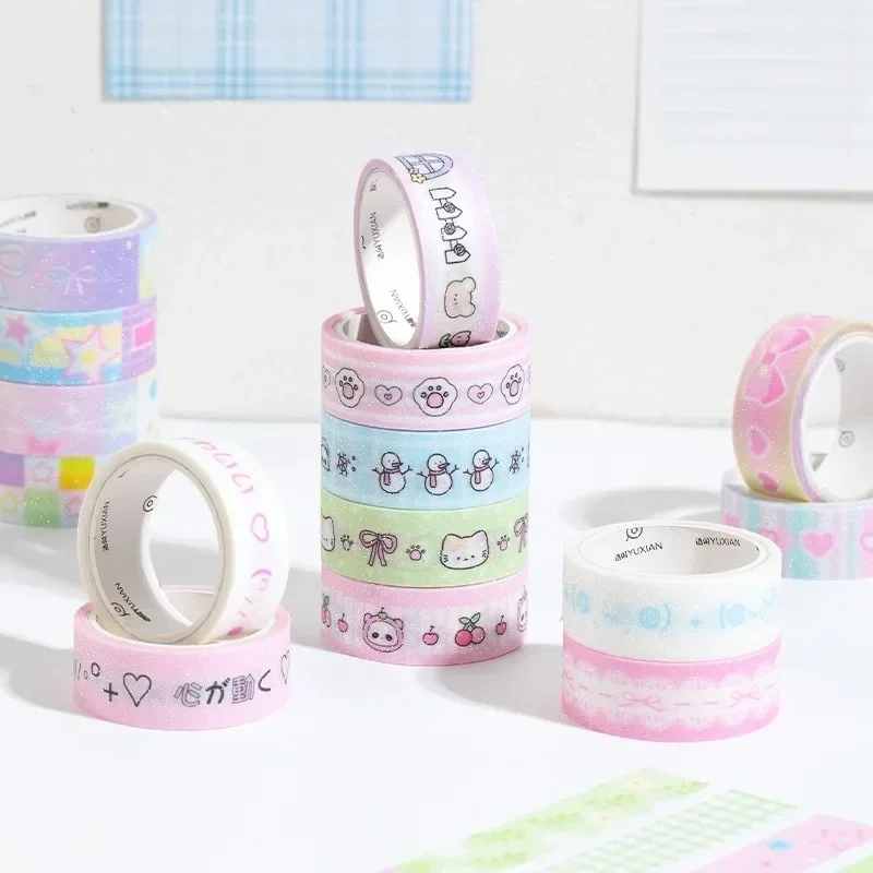 Set stiker Washi Flash halus Korea, 5 gulungan/Set stiker gadis lucu Galaxy, Stiker buku pegangan DIY bahan putaran