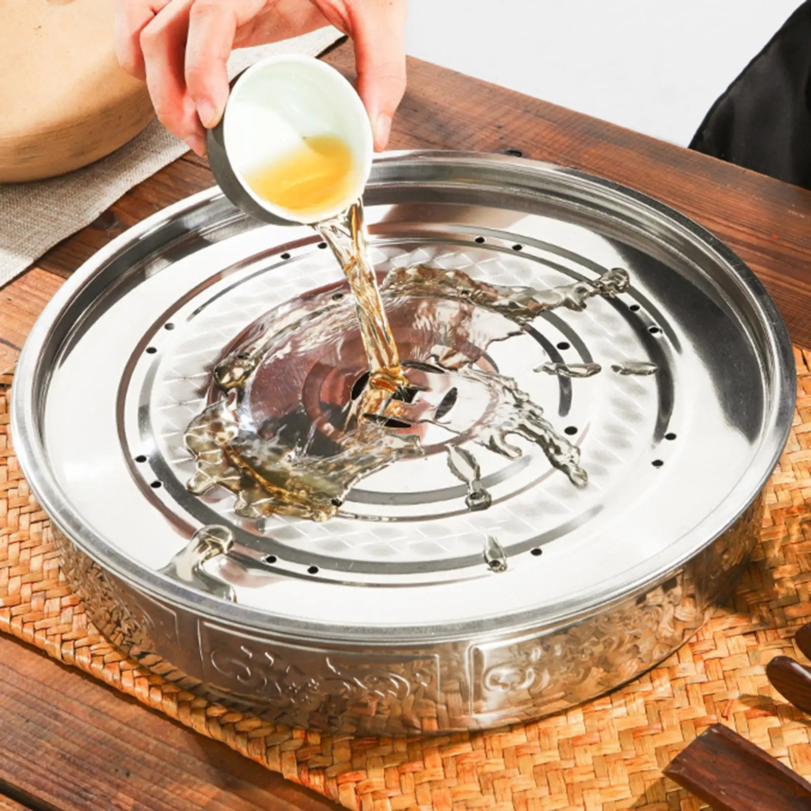 Chinese Kung Fu Tea Tray Round Stainless Steel Water Storage Drain Tray for Teapot Cup Table Centerpiece