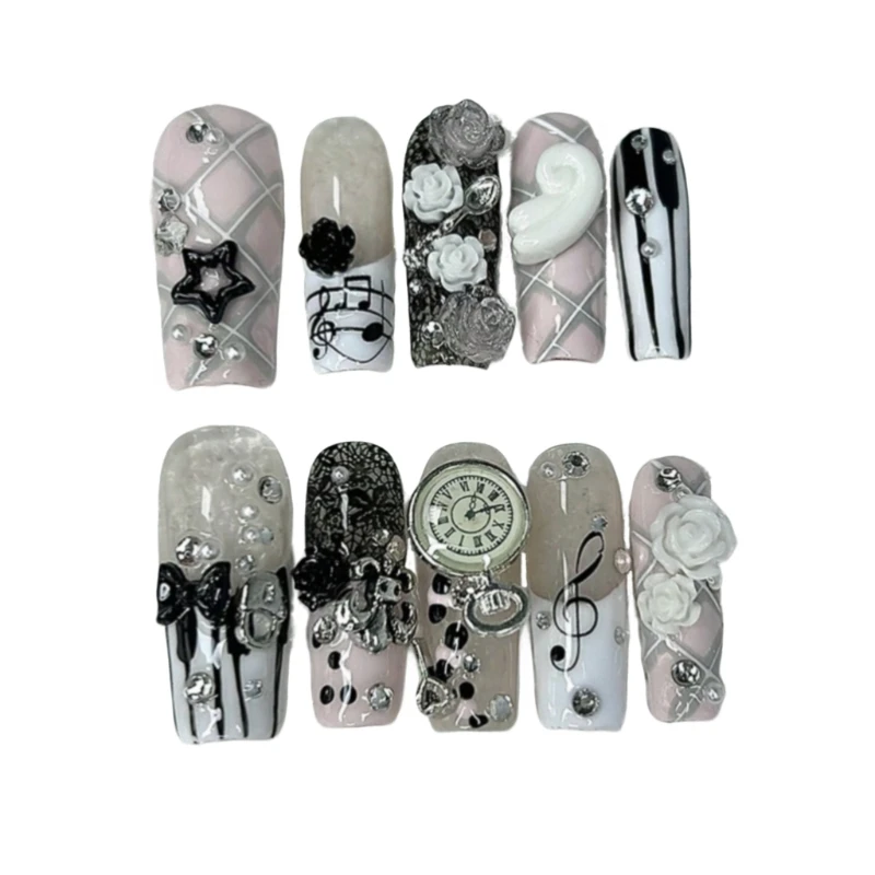 10個入り 3Dローズボウ パールピンク ハンドメイド つけ爪 ヴィンテージ Y2K ピアノの音符 キュート ロングコフィン フェイクネイル 取り外し可能 再利用可能